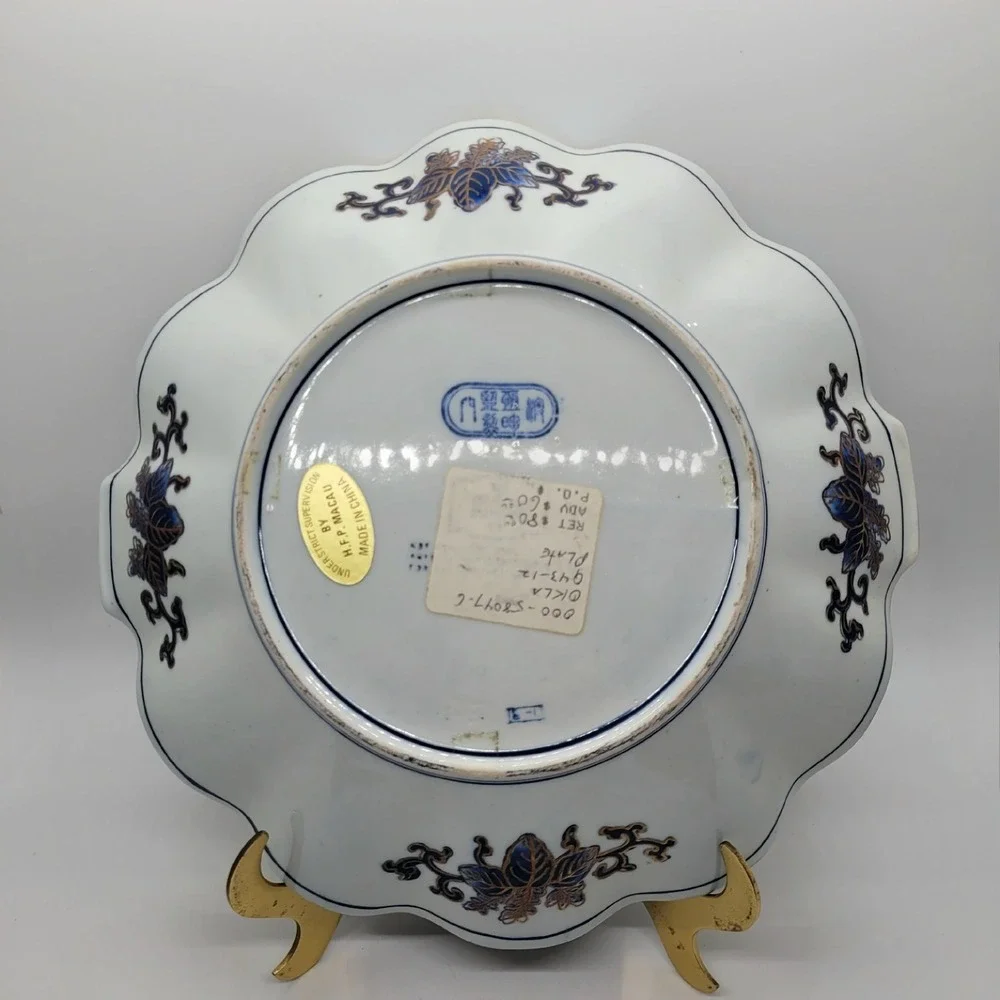 HFP Macau Hand Painted Porcelain Tassel Plate Cobalt Blue Scalloped Gold Rim 10